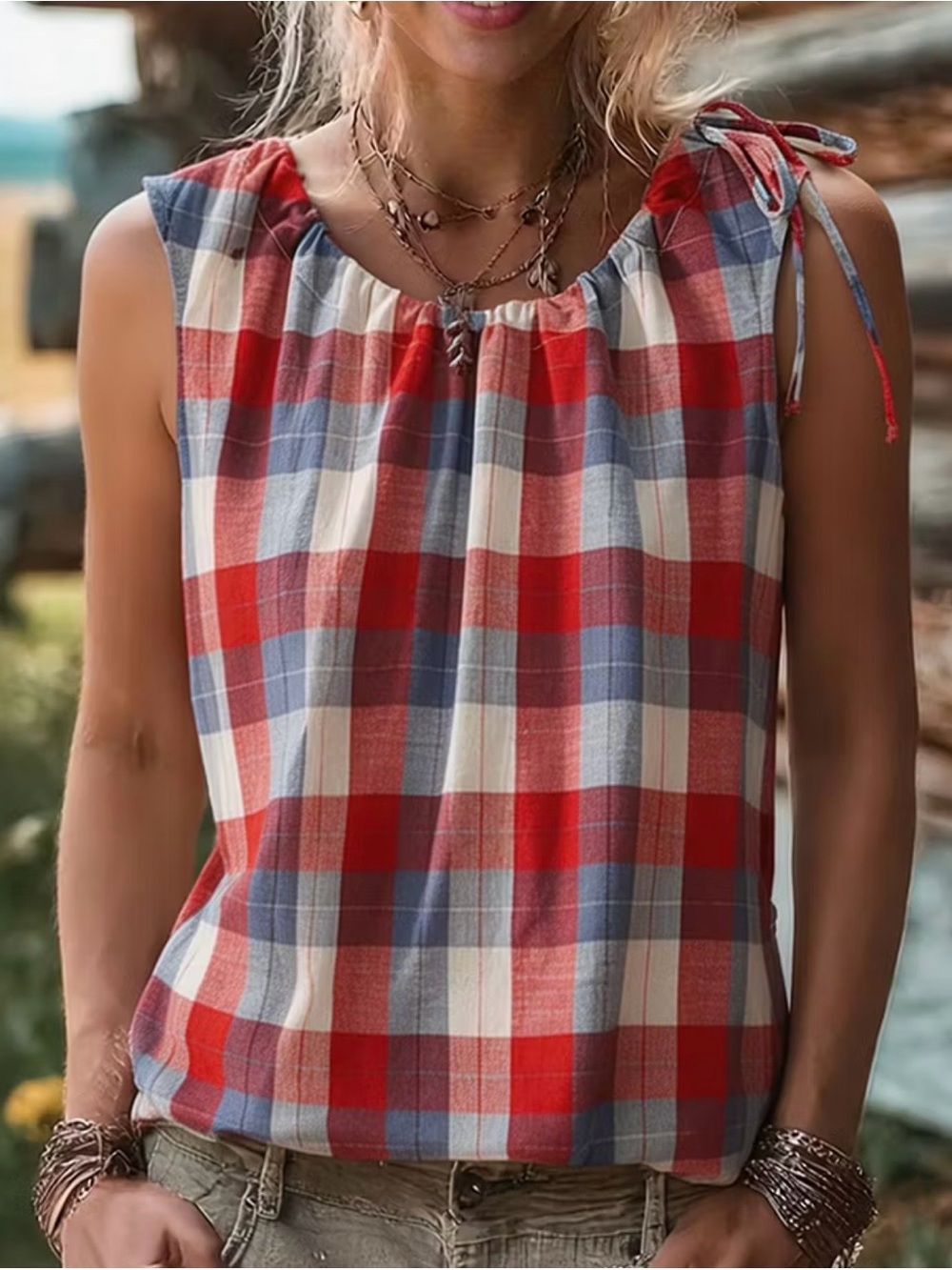 Plaid Tie-Shoulder Sleeveless Top - Red & Blue